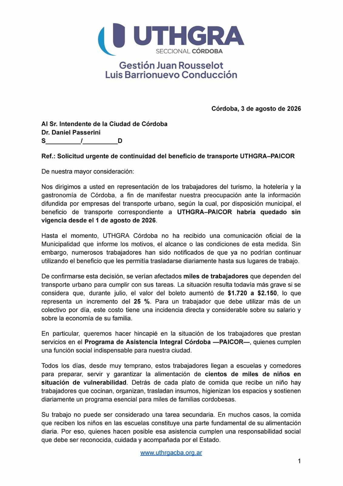 Nota Urgente al Intendente Daniel Passerini